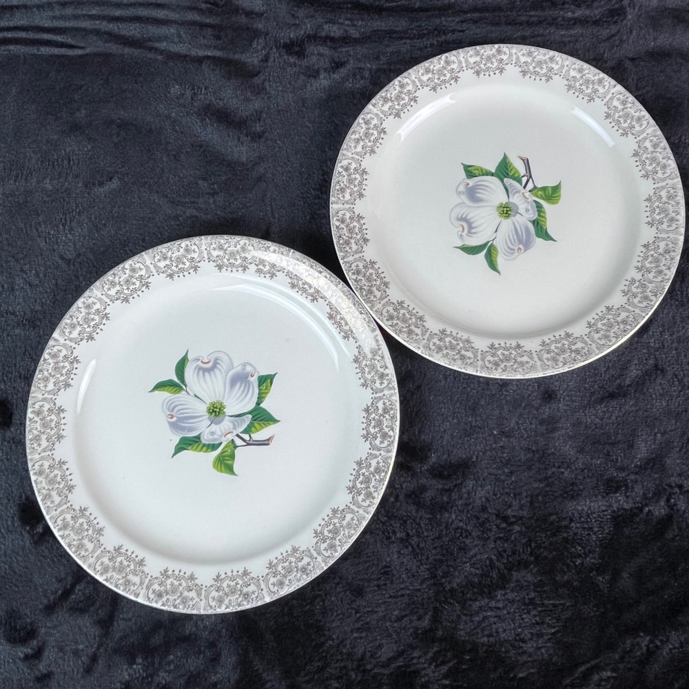 Set of 2 Dinner Plates Dogwood‎ Flower Gold Filigree Scroll Border 6.25 in China